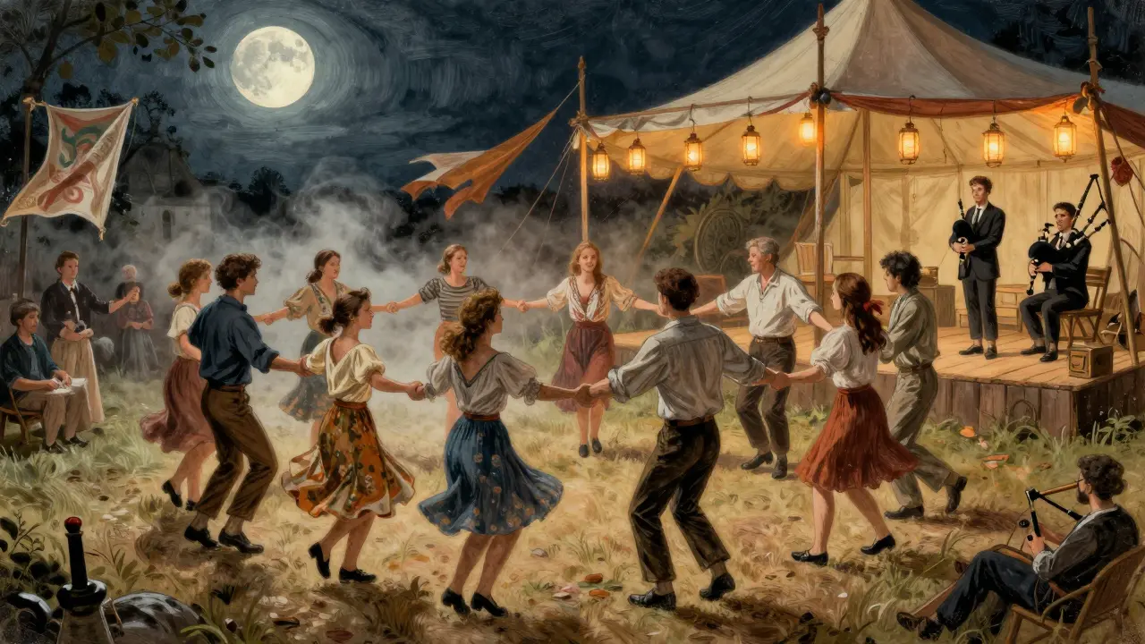 Fest-noz en Bretagne, danseurs en cercle rapide sous une tente illuminée, musiciens avec biniou et bombarde.