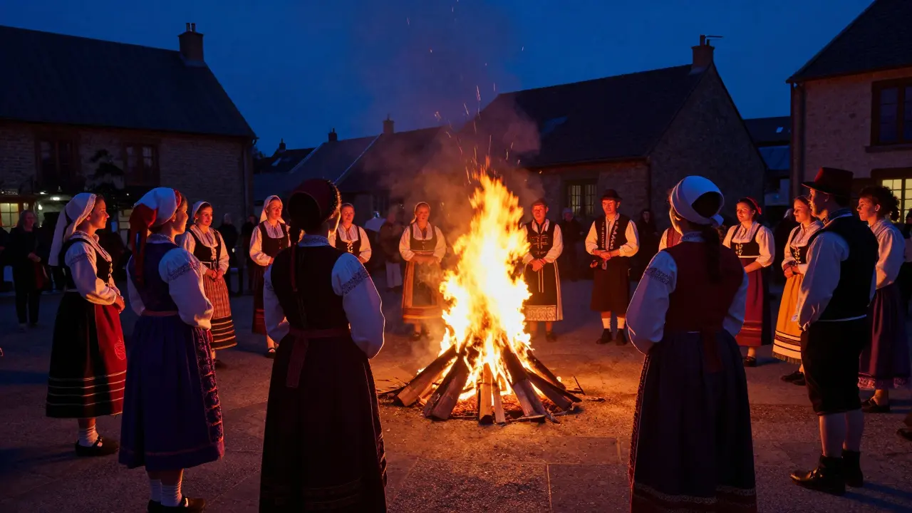 Feu de la Saint-Jean avec personnes en costumes bretons traditionnels autour du bûcher