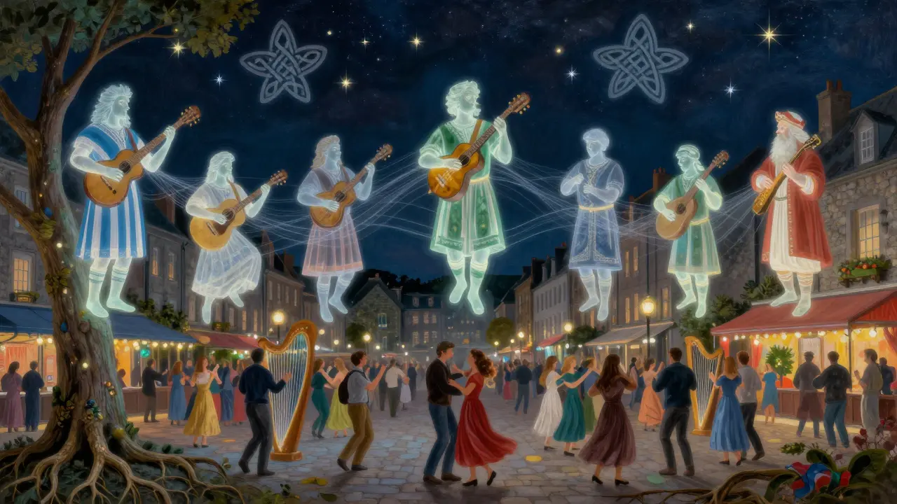 Figures célestes de musiciens celtes flottant au-dessus des rues de Lorient, liées par des vagues sonores lumineuses sous un ciel étoilé.