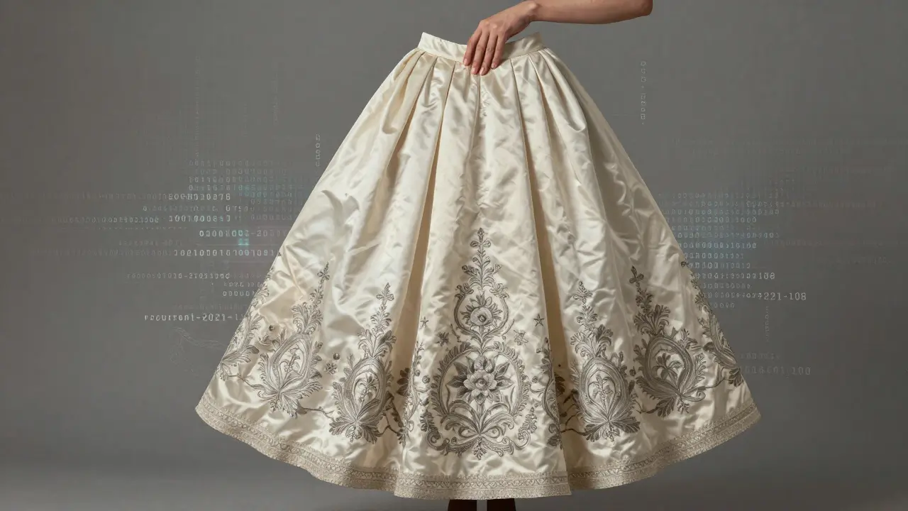 Jupe en soie brodée qui se transforme en codes numériques r2current.
