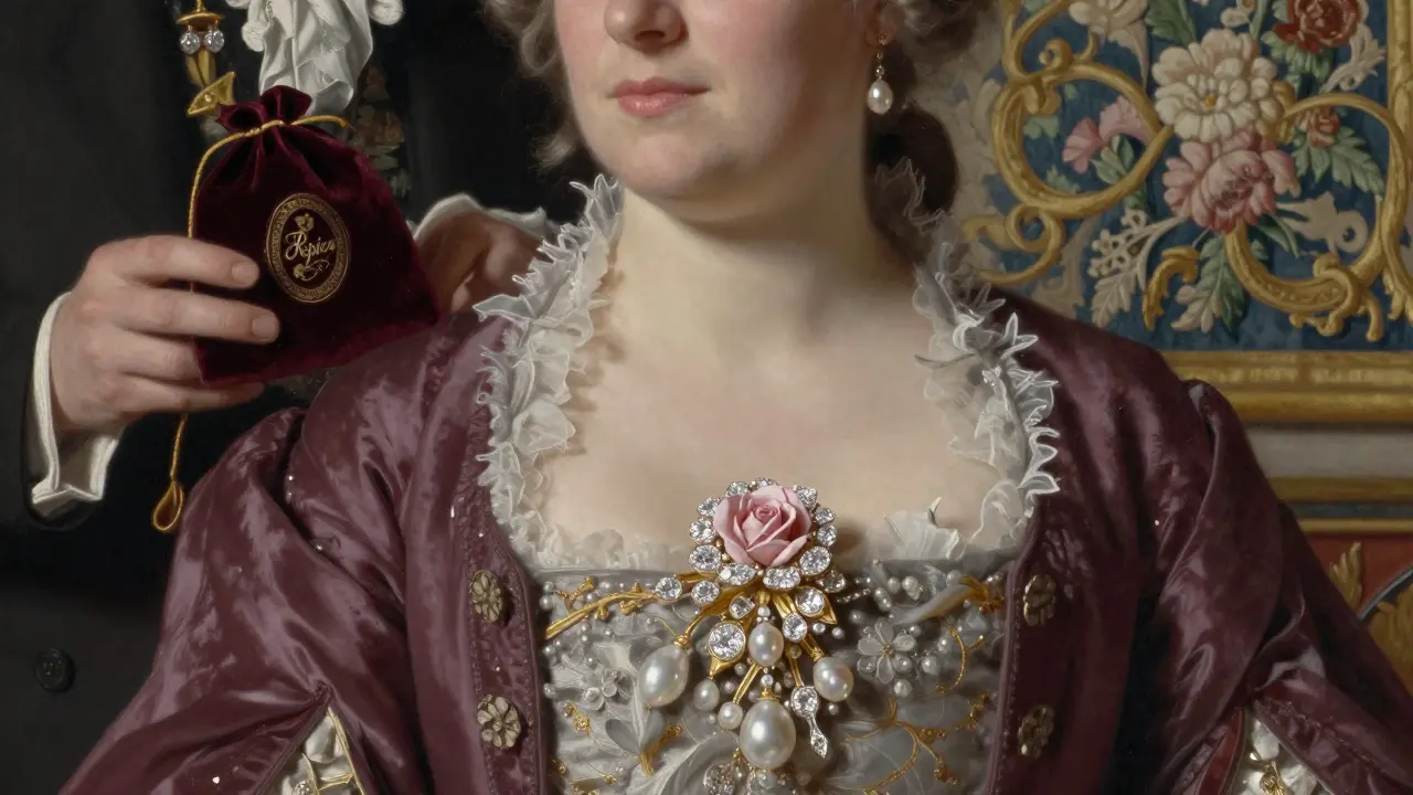 La reine Marie Leszczyńska porte une broche Réplica en perles naturelles et diamants taillés en rose, dans une scène de cour à Versailles.