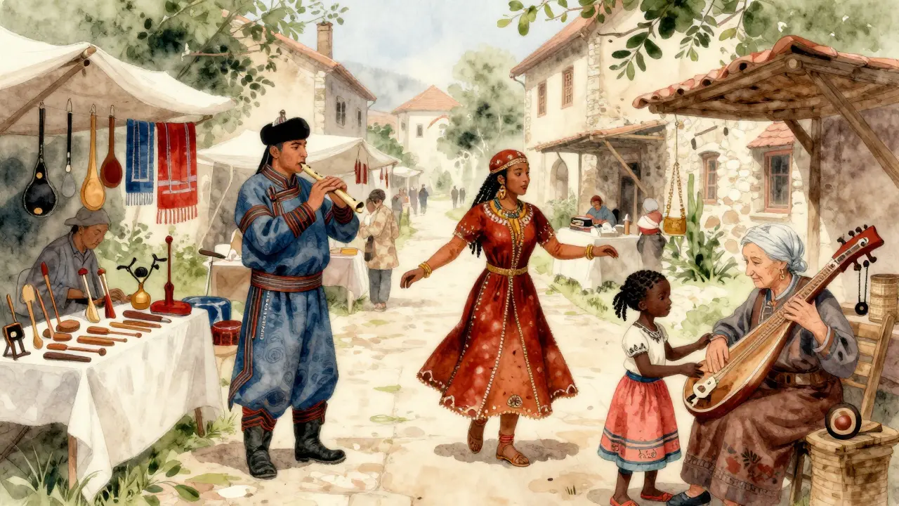 Le Grand Tour du festival : des artisans du monde entier exposent costumes et instruments dans les ruelles de Castelnaudary, tandis que des visiteurs apprennent en groupe.