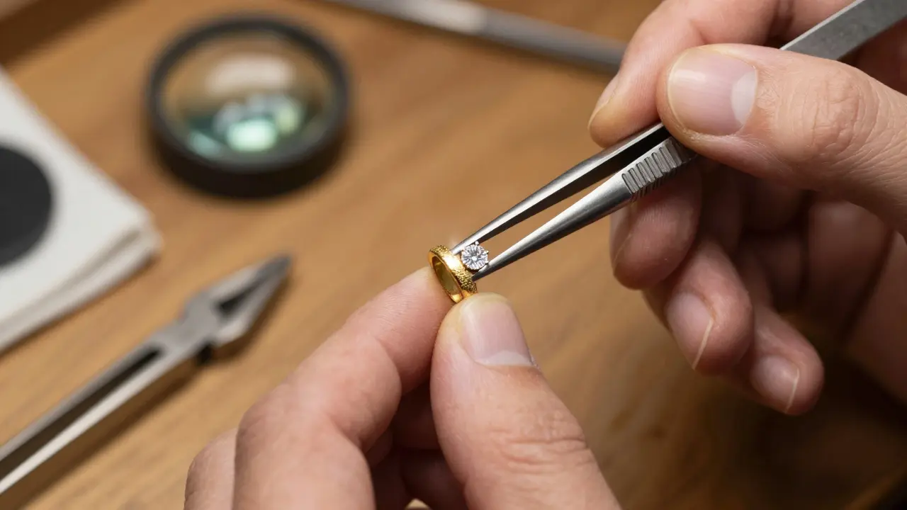 Mains d'artisan posant un diamant sur de l'or