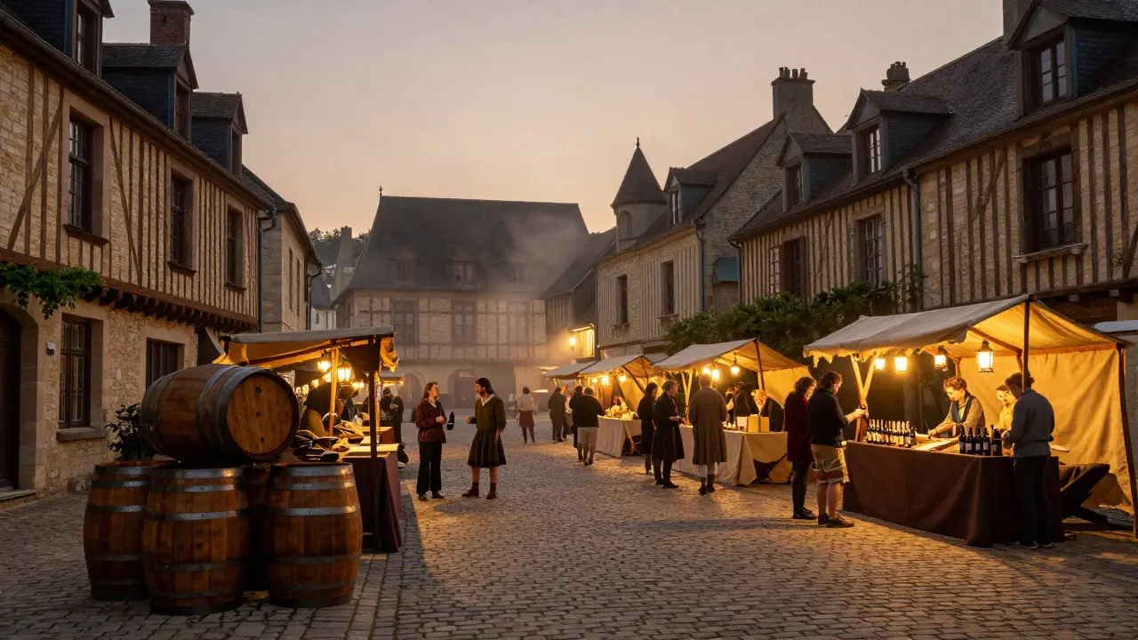 Marchands et tonneaux de vin sur la place de Beaune historique