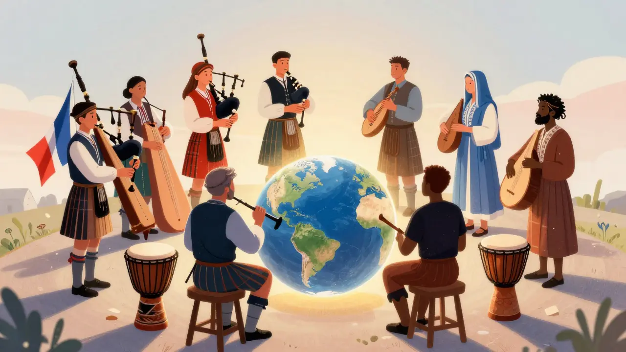 Musiciens de plusieurs régions du monde, chacun avec son instrument traditionnel, formant un cercle autour d'une Terre lumineuse.