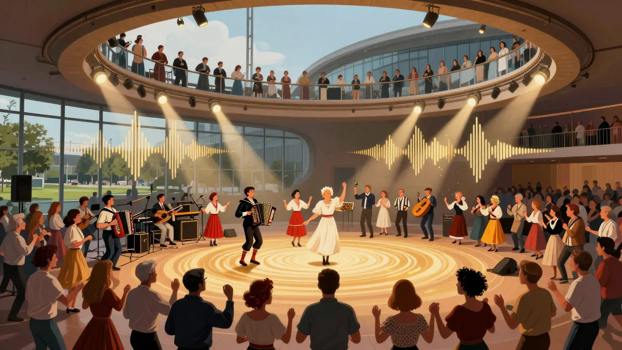 Musiciens traditionnels jouant sur scène au Zénith Paris devant une foule en pleine danse.