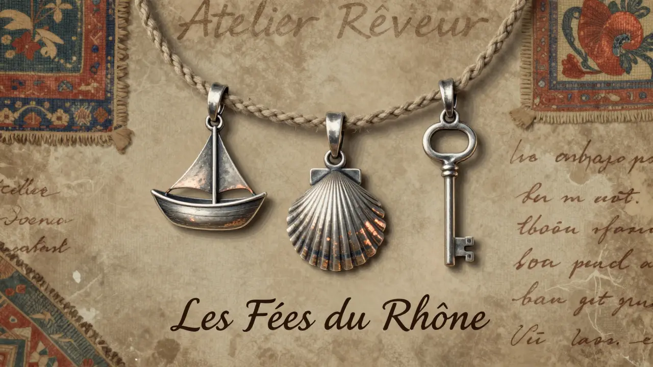 Pendentifs en argent d'Atelier Rêveur représentant un bateau, une coquille et une clé ancienne.