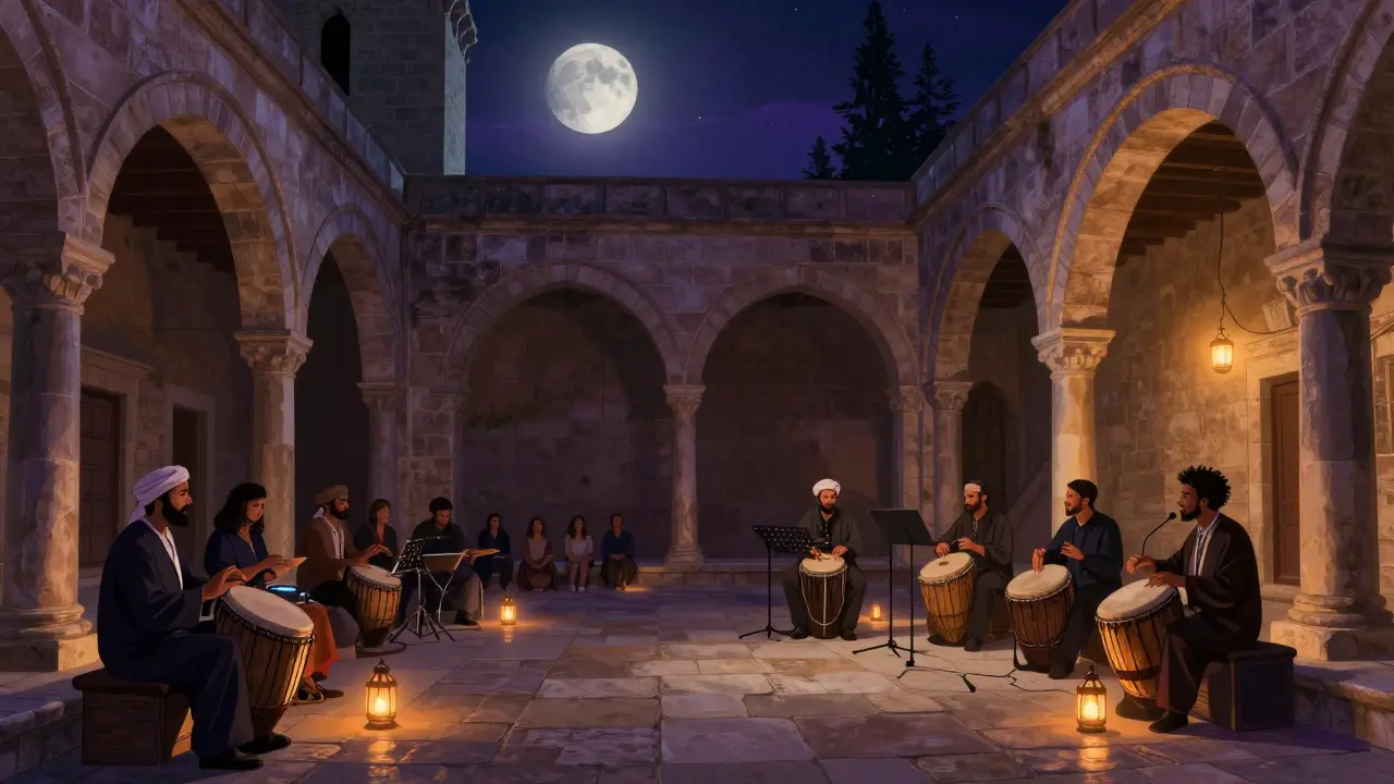 Performance musicale dans la cour du Palais des Papes à Avignon, avec des percussions berbères et des sons électroniques.