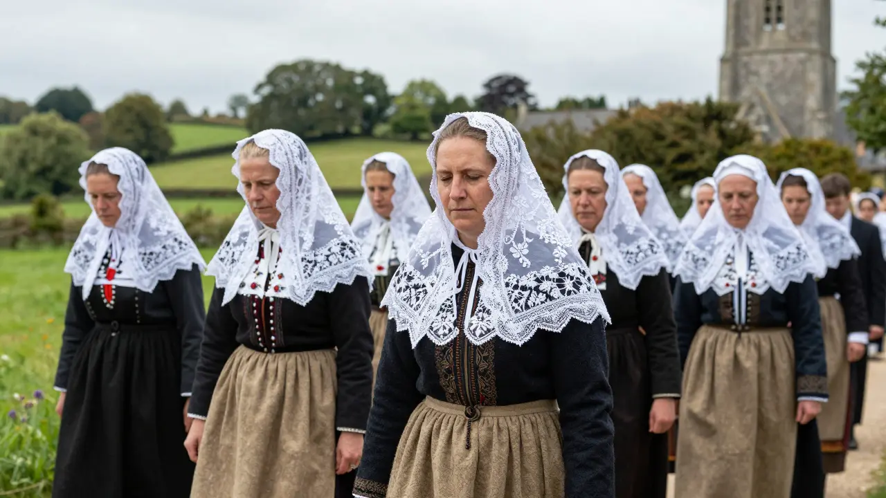 Procession en costumes traditionnels dans les champs bretons