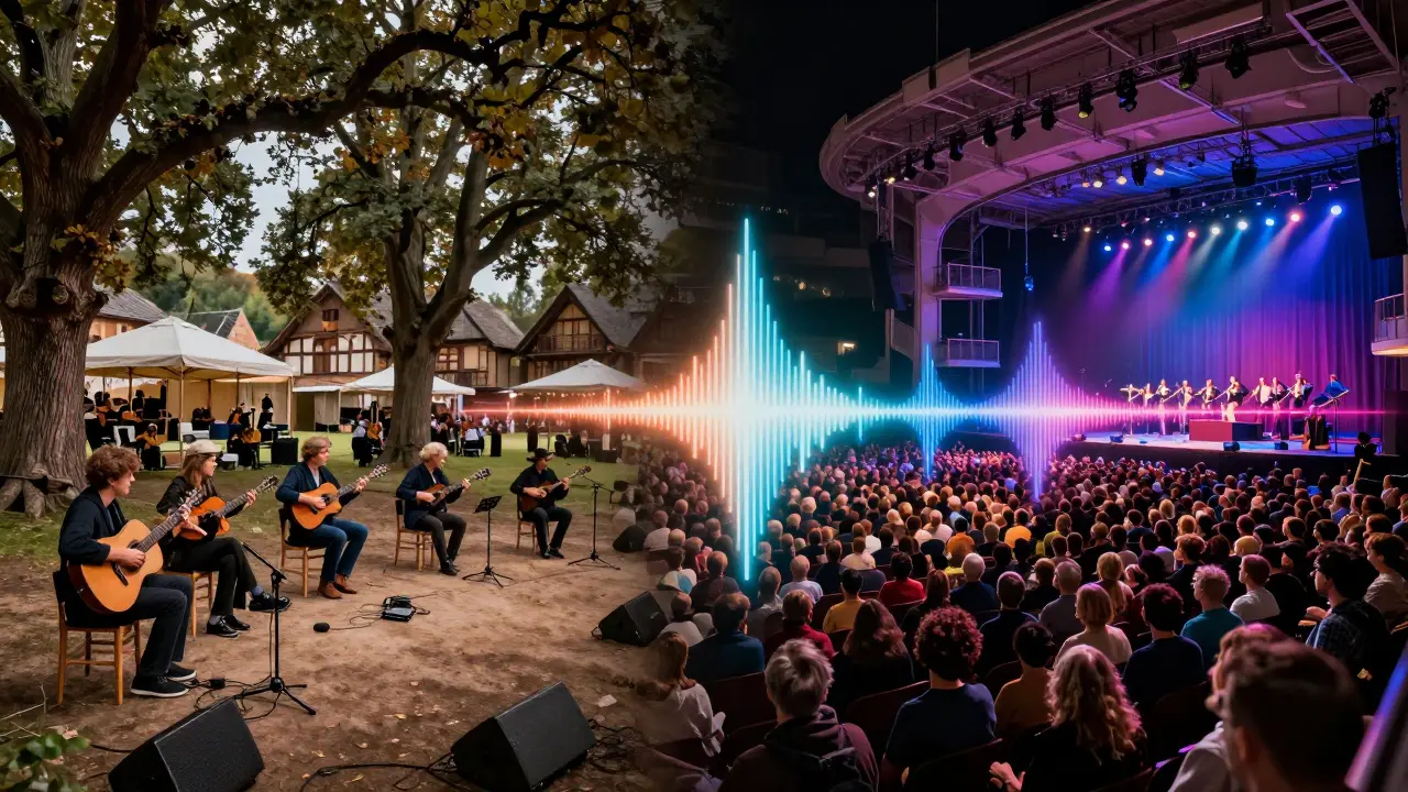 Transition artistique entre un festival de village et un concert géant au Zénith Paris.
