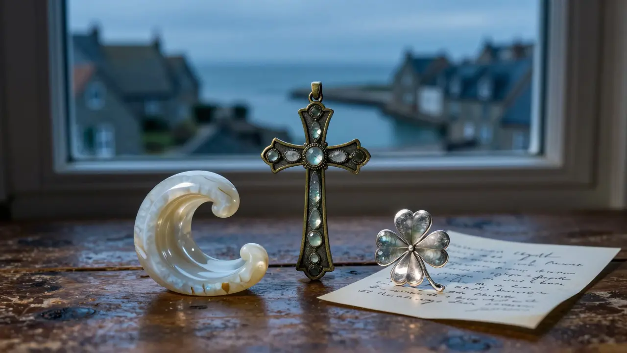 Trois amulettes traditionnelles françaises : gouzou, croix de Lorraine et trèfle à quatre feuilles.