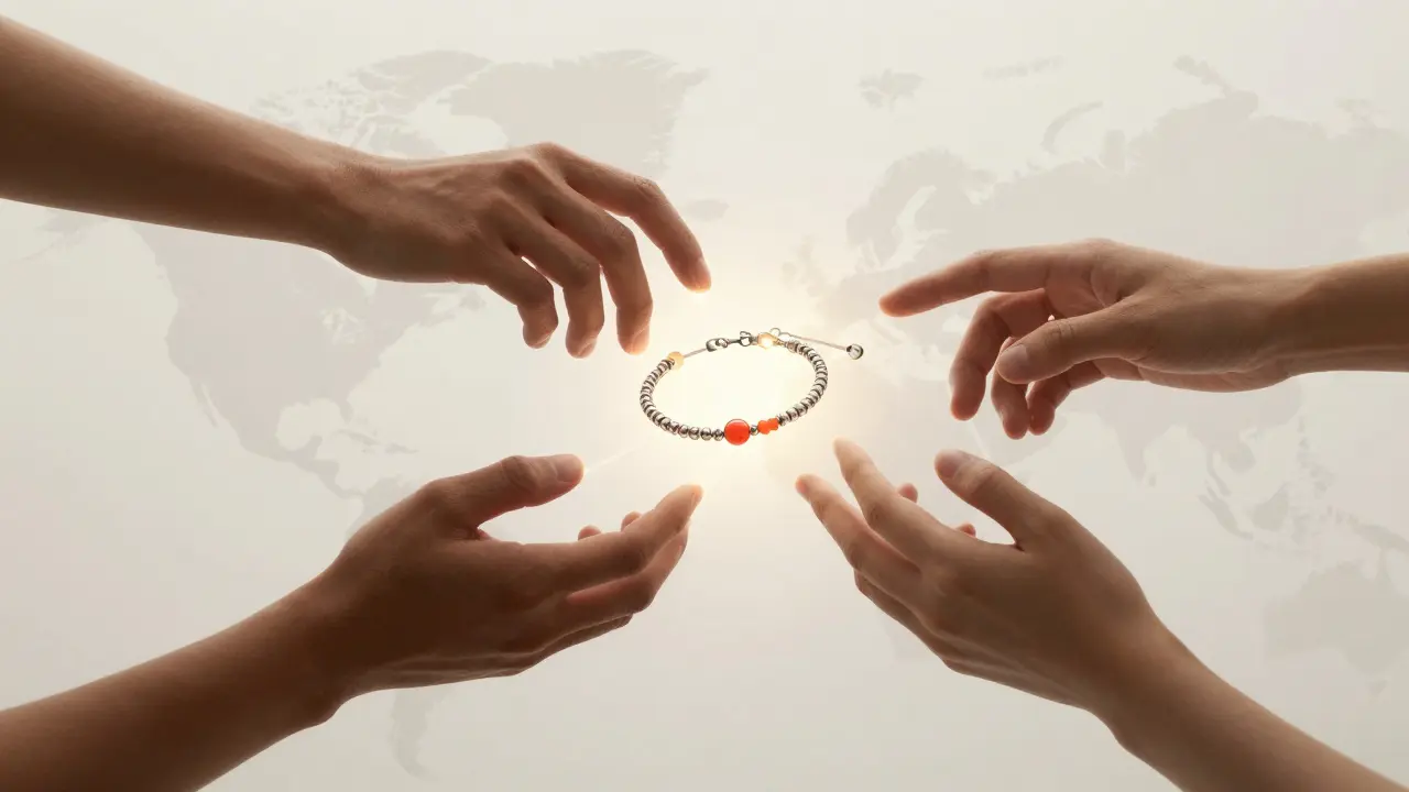 Trois mains issues de continents différents touchent un bracelet breton en argent et corail.