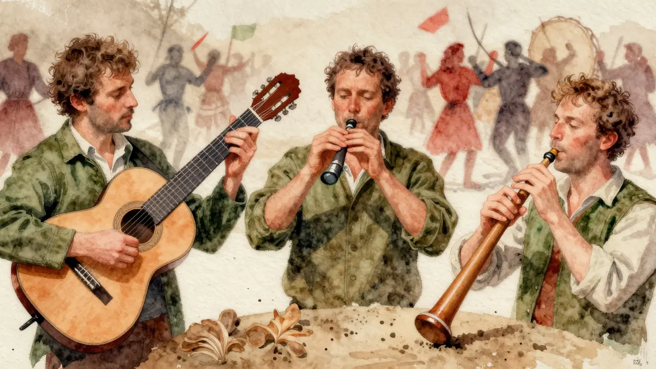 Trois mains jouent ensemble la vielle, le biniou et le claque-bâton, symbole de la musique folklorique française.