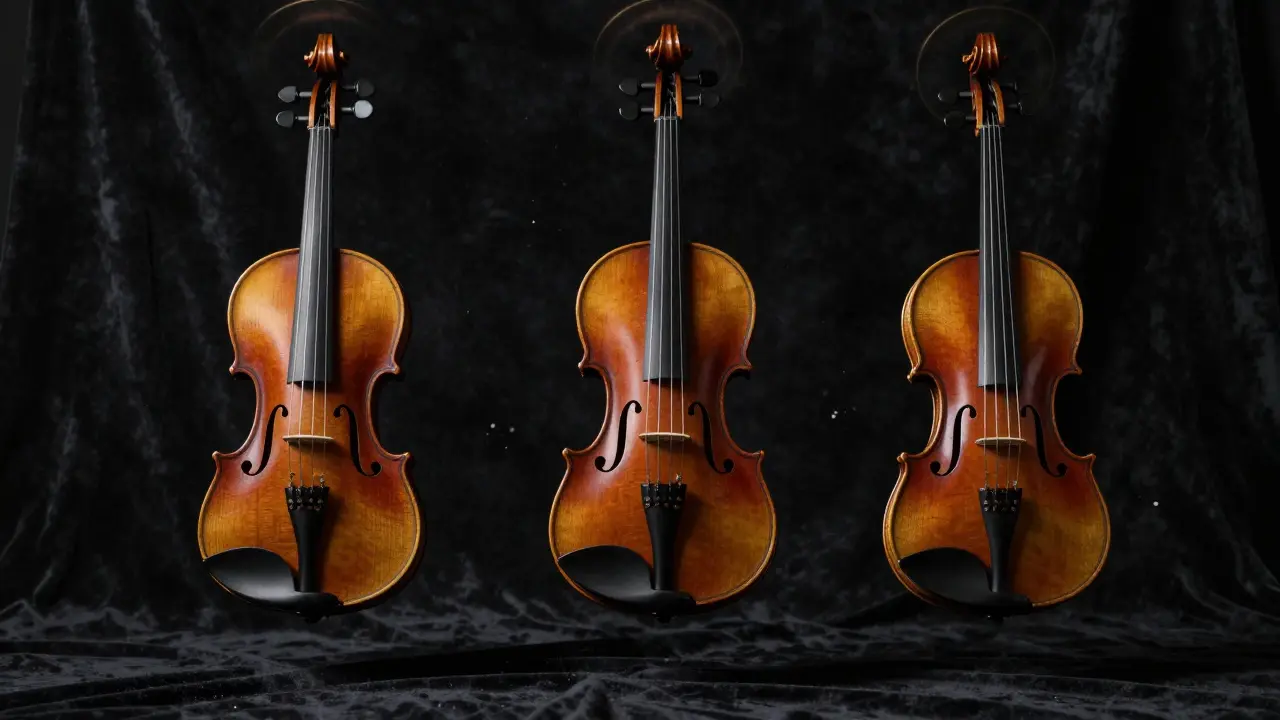 Trois violons historiques de Crémone flottant dans l'obscurité, éclairés par une lumière dorée.