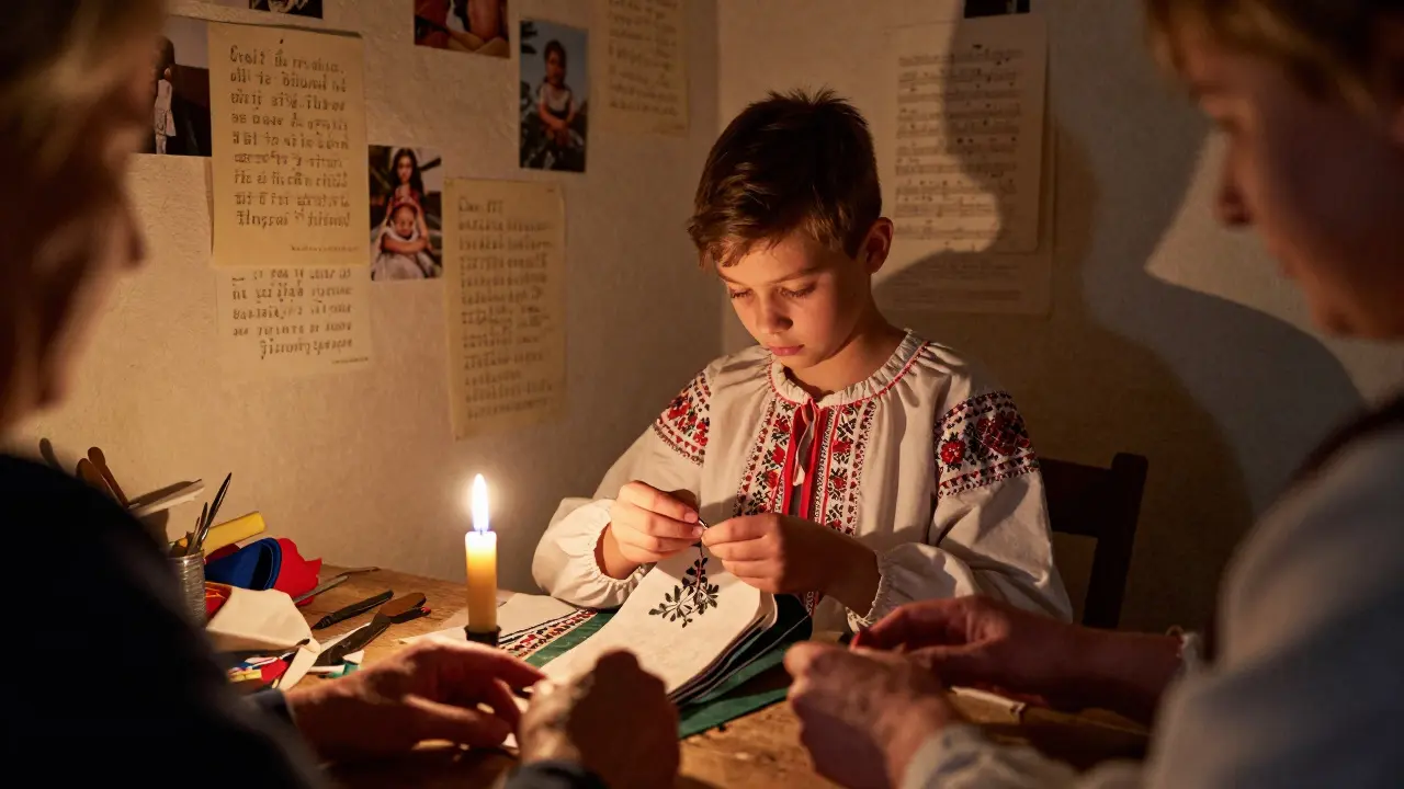 Un adolescent coud un costume folklorique à la lueur d'une bougie, entouré de lettres manuscrites et de photos de famille.