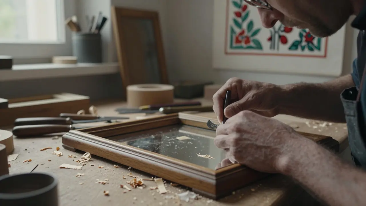 Un artisan sculpte à la main un cadre en bois dans son atelier traditionnel.