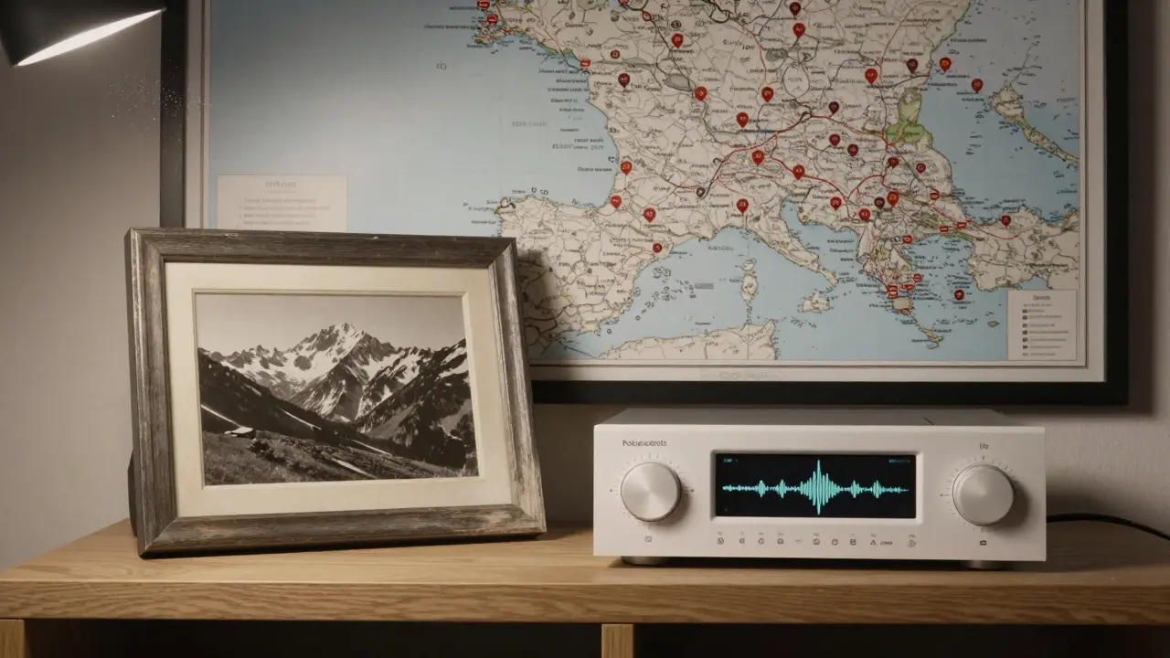 Un cadre photo historique et un lecteur numérique côte à côte, symbole de la transmission du chant alpin.