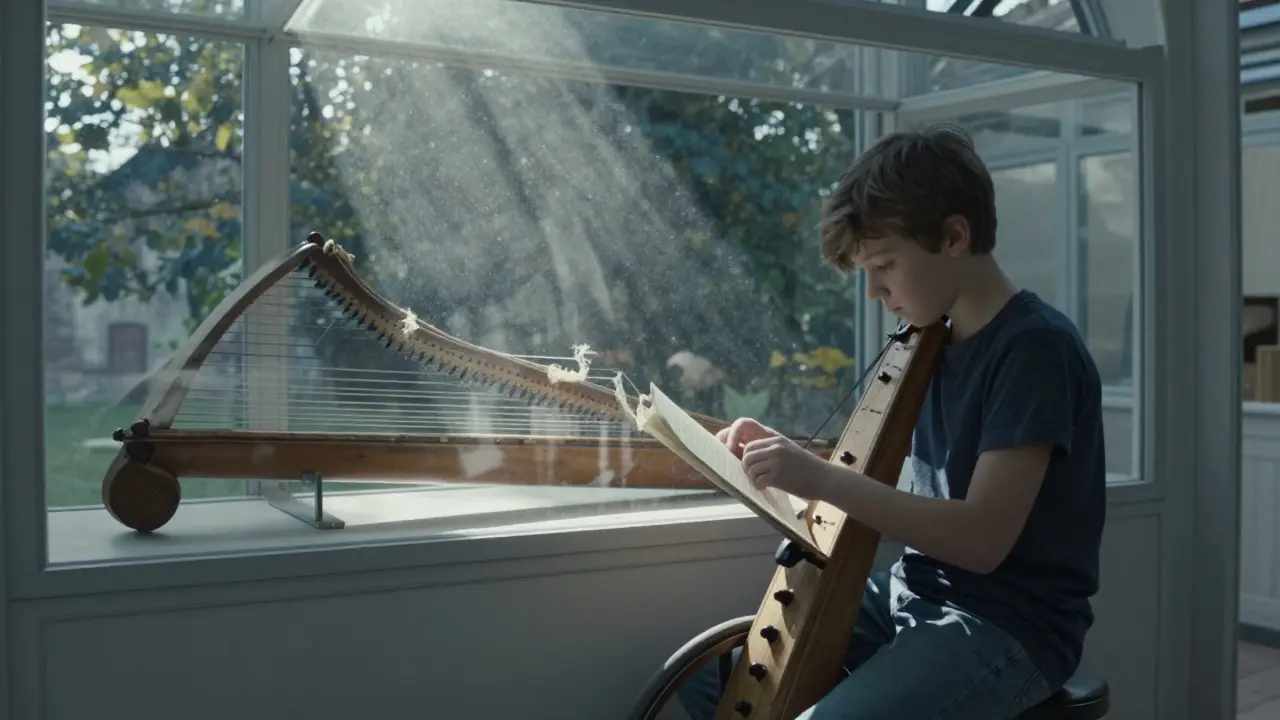 Un étudiant joue de la vielle à roue devant un instrument ancien exposé dans un conservatoire.