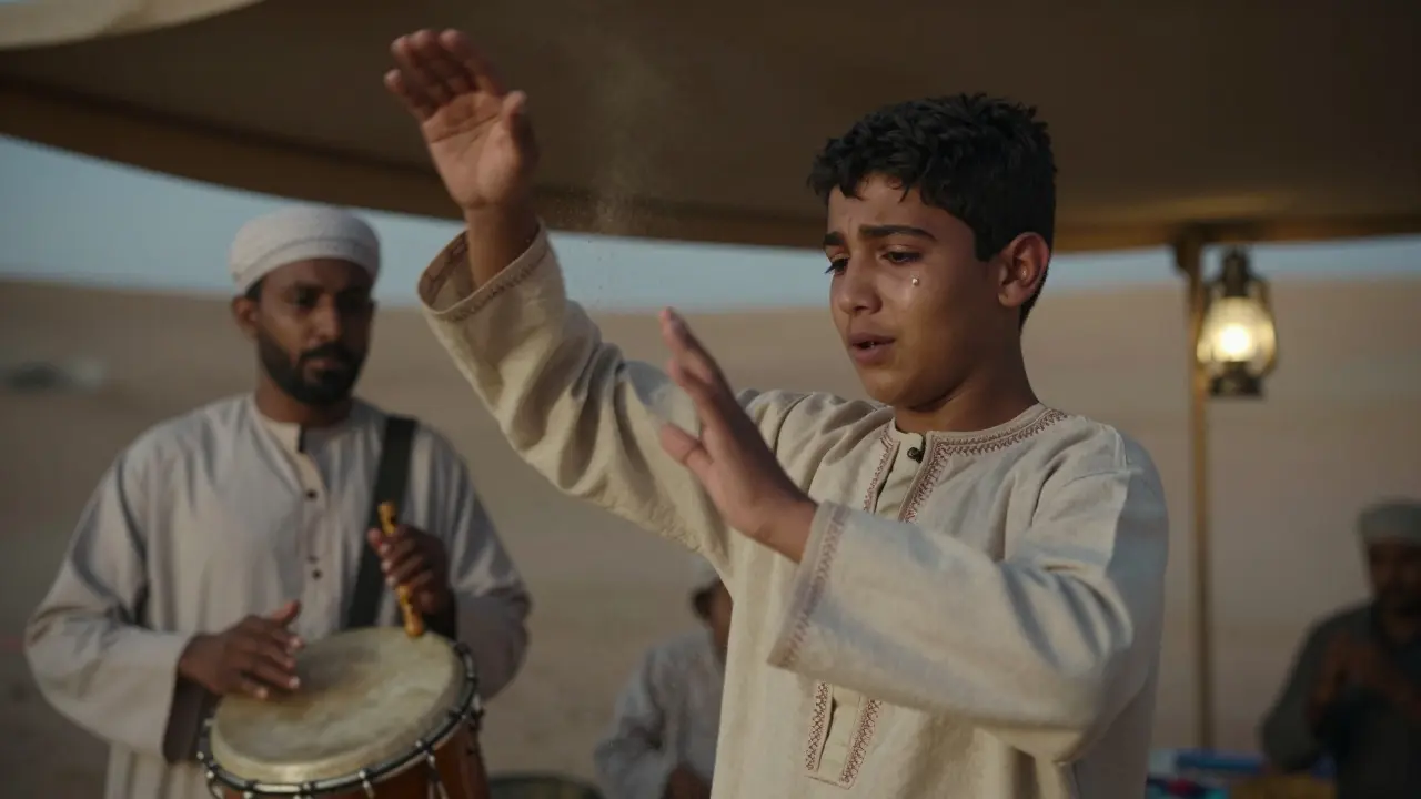 Un jeune Yéménite danse seul sous une lampe, son père le regarde avec émotion, dans un moment de mémoire culturelle.