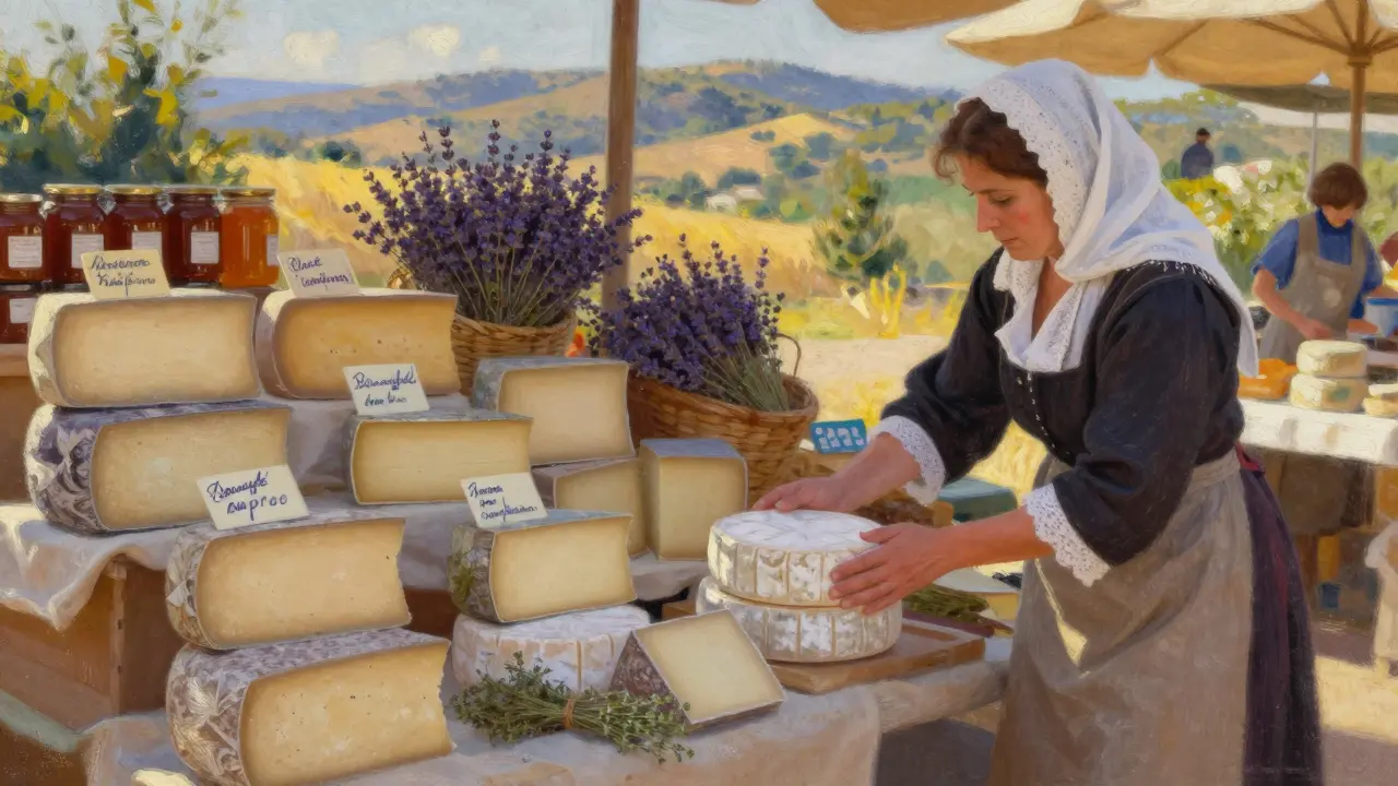 Un marché de province français montre des fromages artisanaux et une coiffe traditionnelle.
