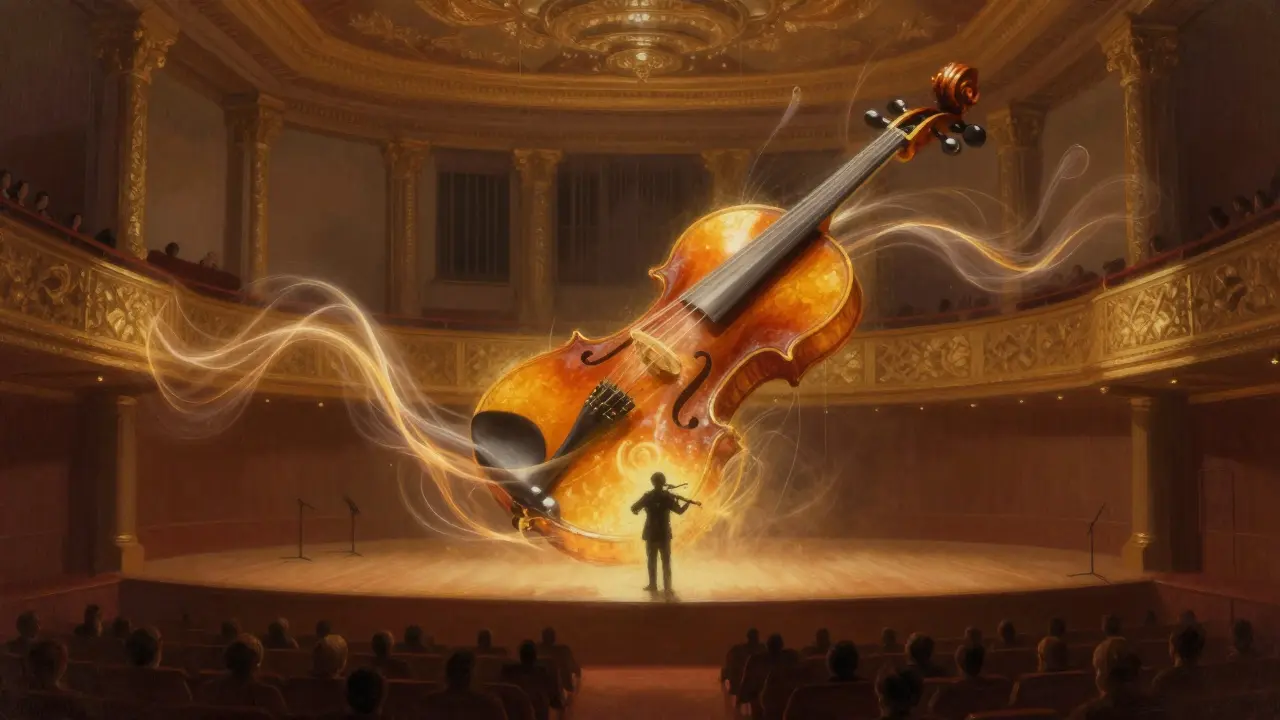Un violon Stradivarius émettant des ondes sonores lumineuses dans une salle de concert vide.