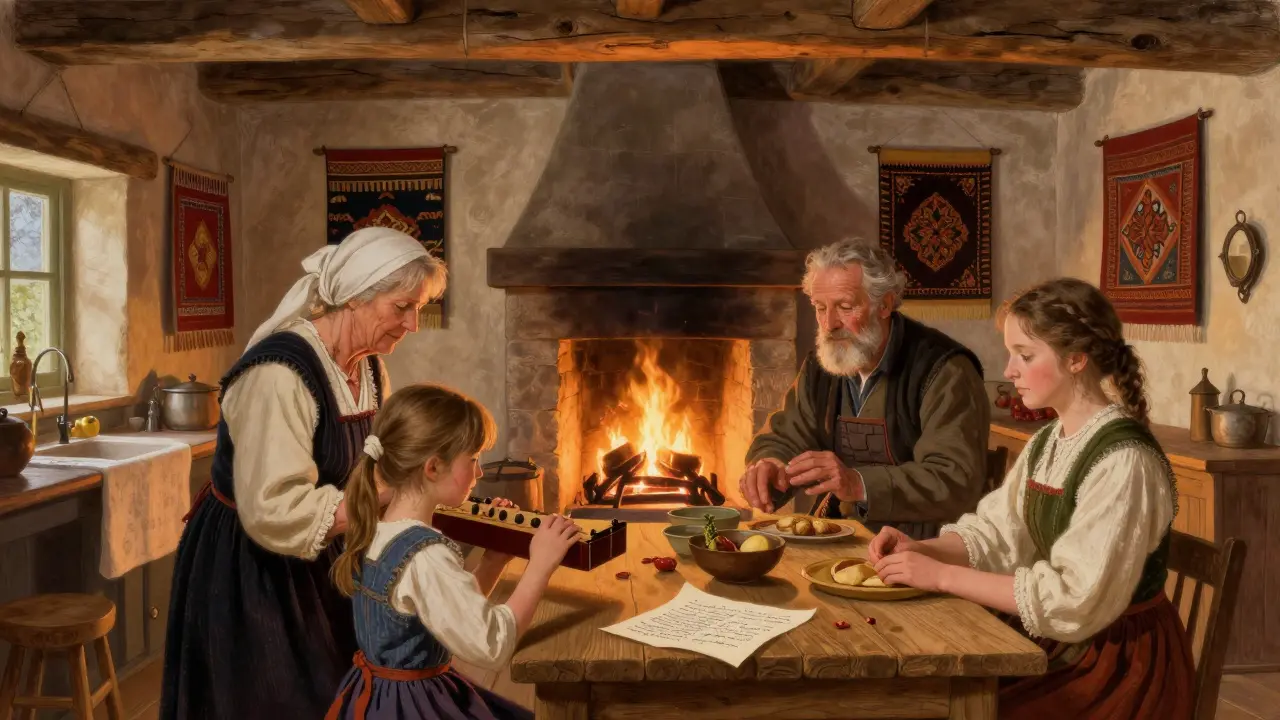 Une famille bretonne apprend la bombarde dans une cuisine traditionnelle autour du feu.