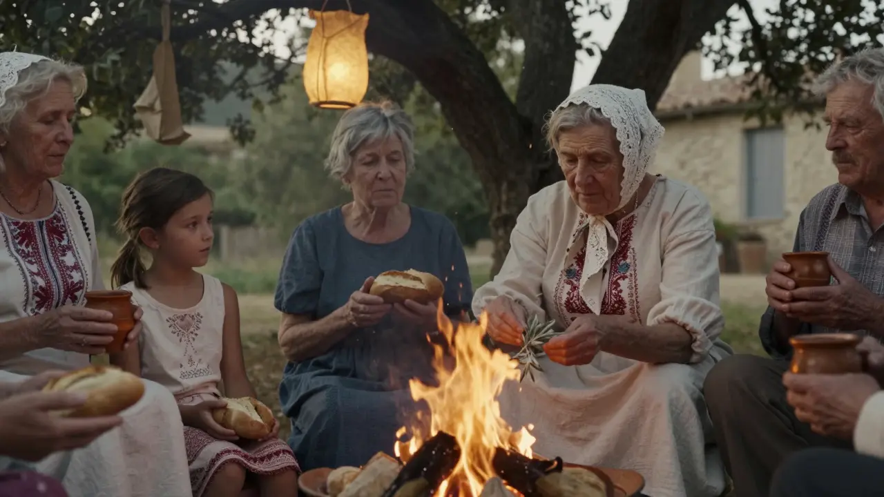Une famille multigénérationnelle près d’un feu de village en Provence, partageant pain et chansons sous des lanternes de papier.