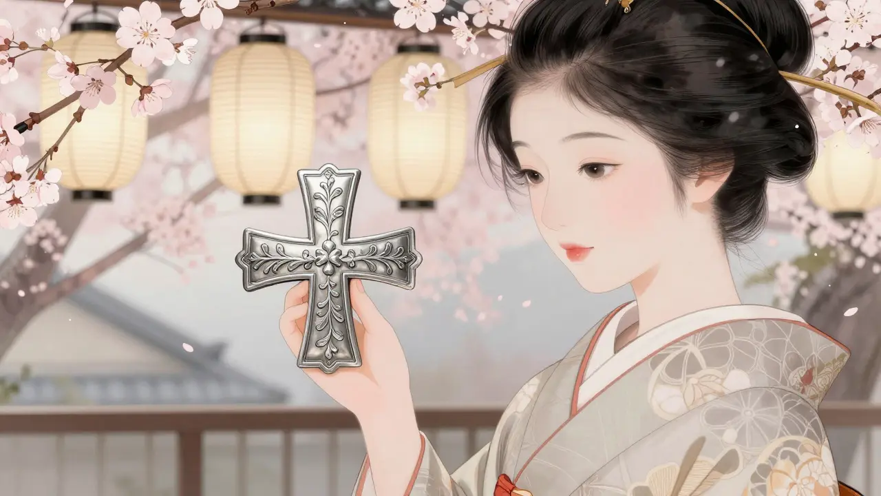 Une femme japonaise admire une broche en argent lorraine avec des motifs gravés à la main.