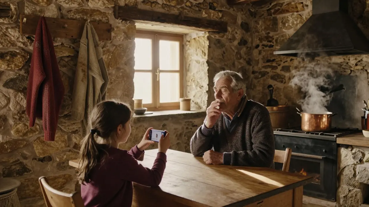 Une fillette enregistre le chant d'un vieil homme dans une cuisine de montagne, sans instruments, juste la voix.