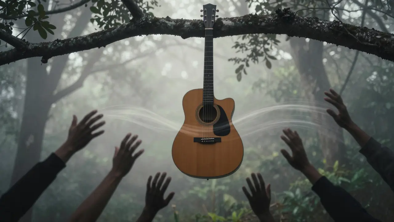 Une guitare suspendue à un arbre, ses cordes encore en vibration, symbole de partage musical universel.