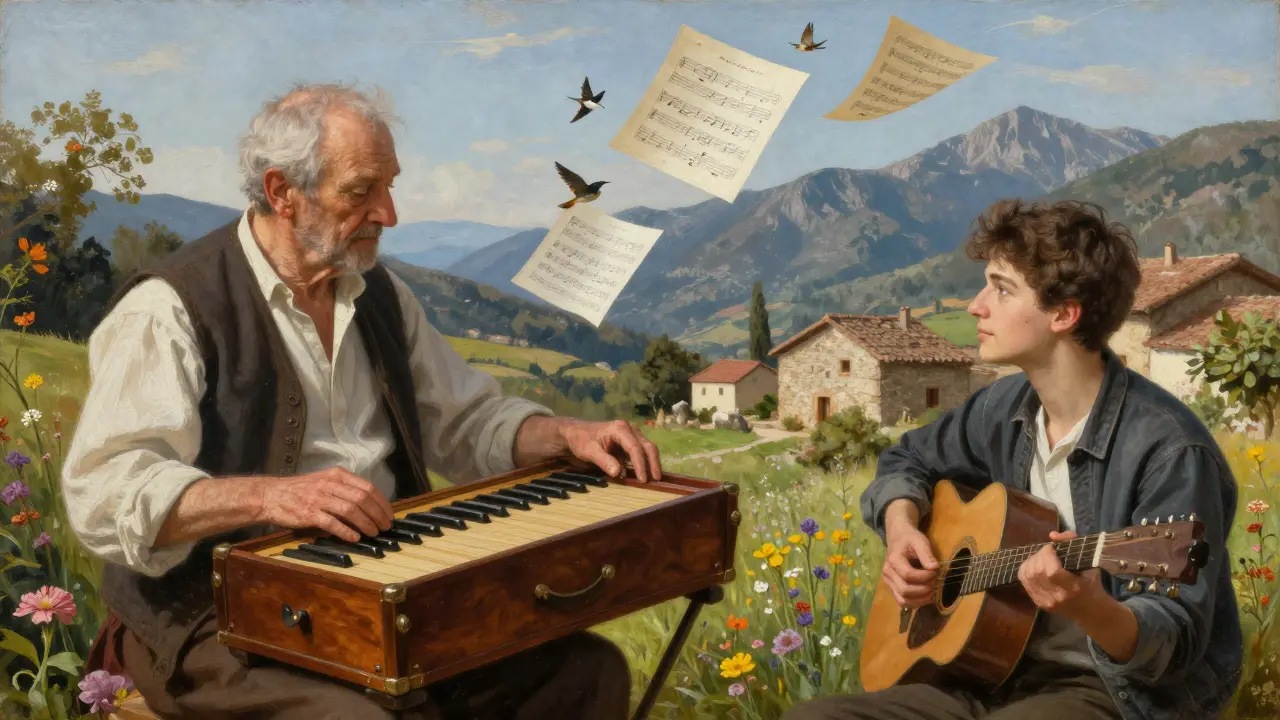 Une main âgée transmet un hurdy-gurdy fait main à un jeune musicien, dans un paysage occitan enneigé.