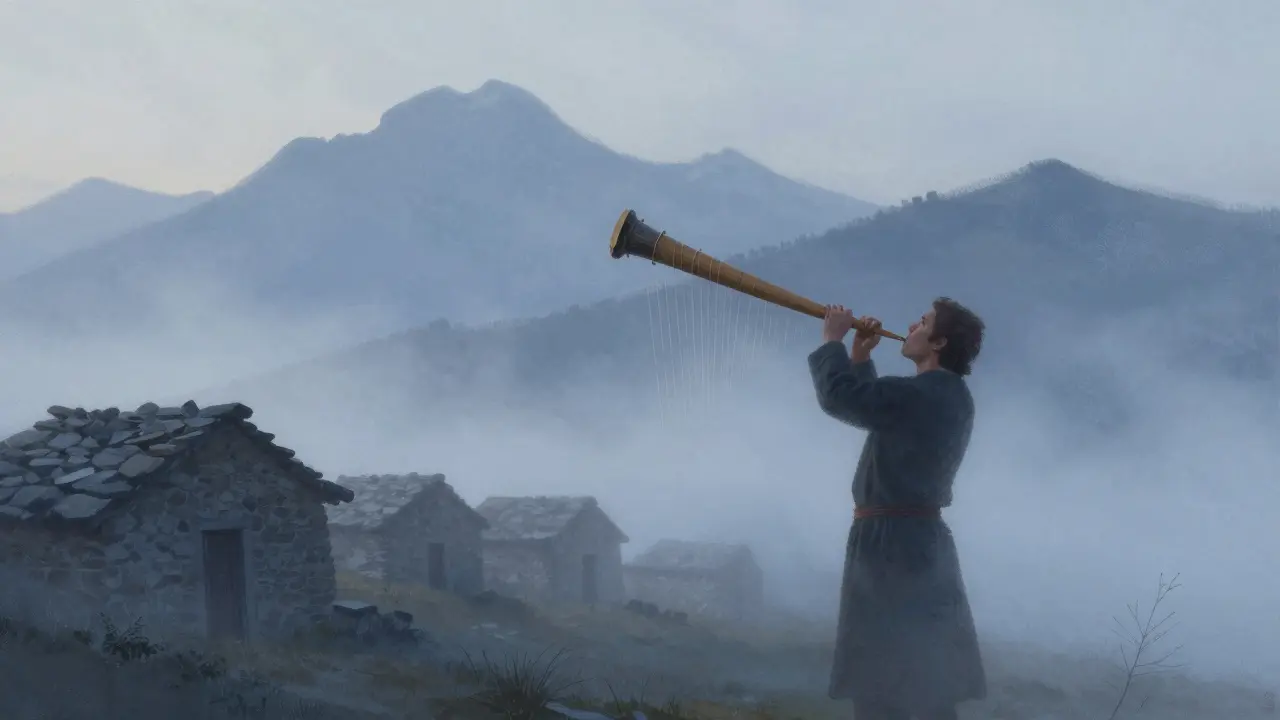 Une rare tambourine à cordes résonne dans un paysage montagneux des Pyrénées au lever du jour.
