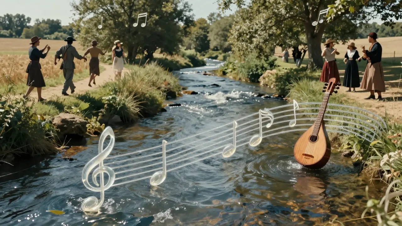 Une rivière de notes musicales traverse la France rurale, portant les instruments traditionnels.