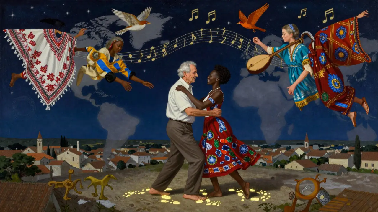 Une tapisserie vivante de cultures mondiales flotte au-dessus de Castelnaudary, où des mains se rejoignent dans une danse sans frontières.