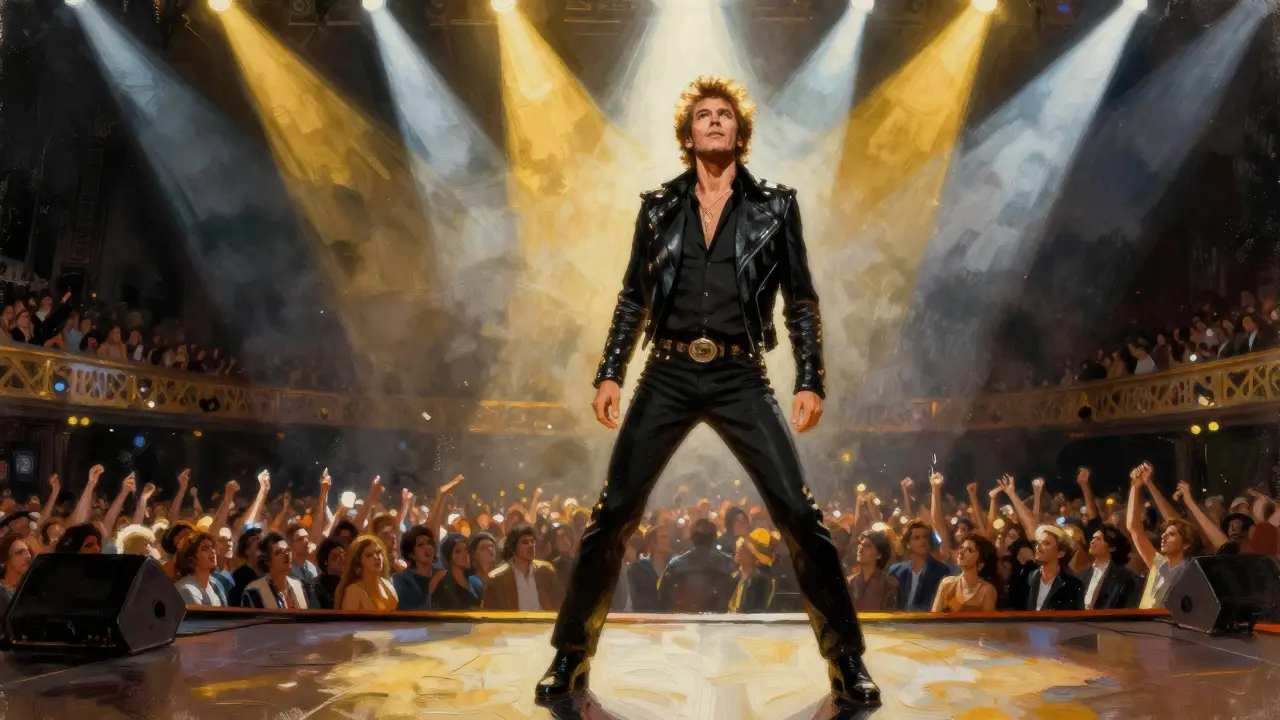 Artiste rock sur une scène grandiose face à une foule immense et passionnée.