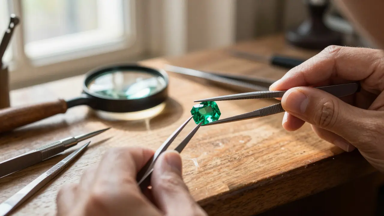 Atelier de joaillerie artisanale avec outils de précision et émeraude.