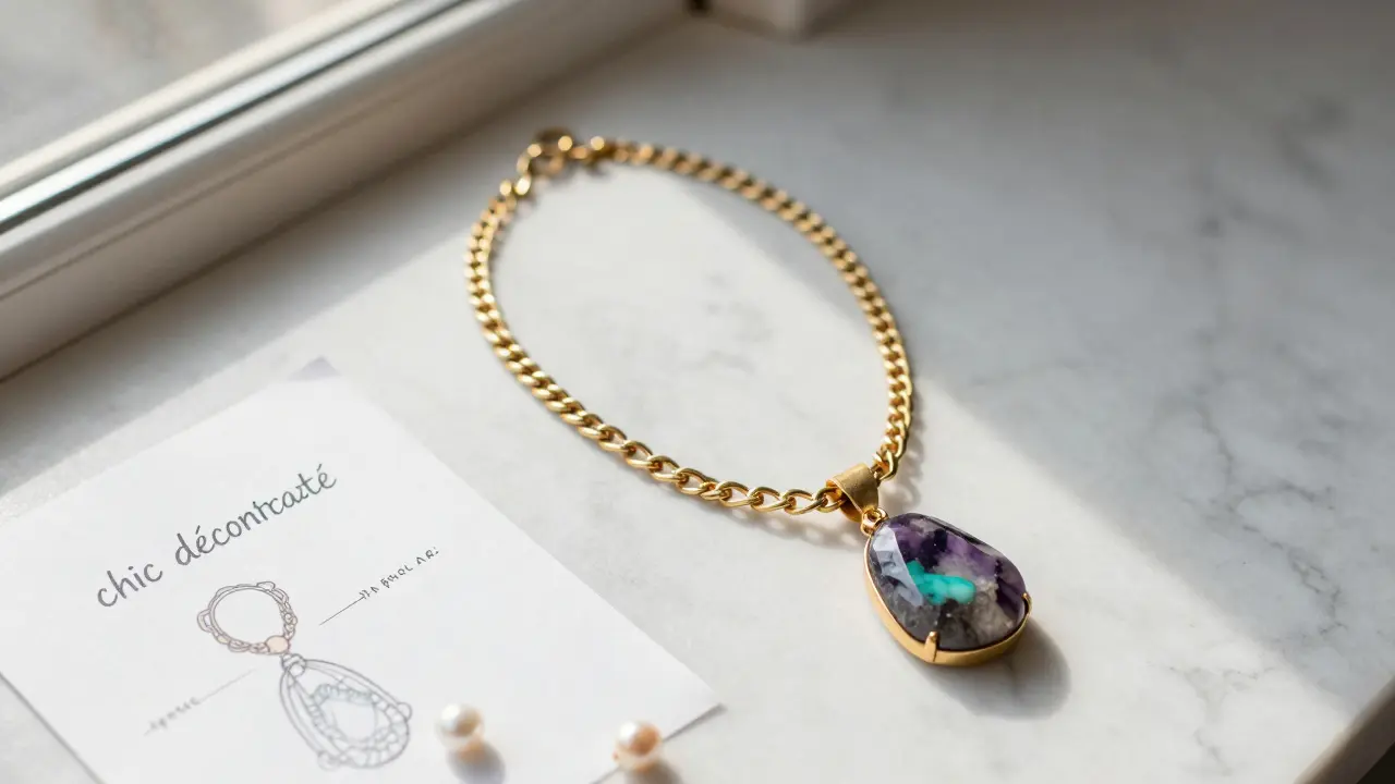 Bijou contemporain en or recyclé avec améthyste et turquoise sur un fond de marbre blanc.