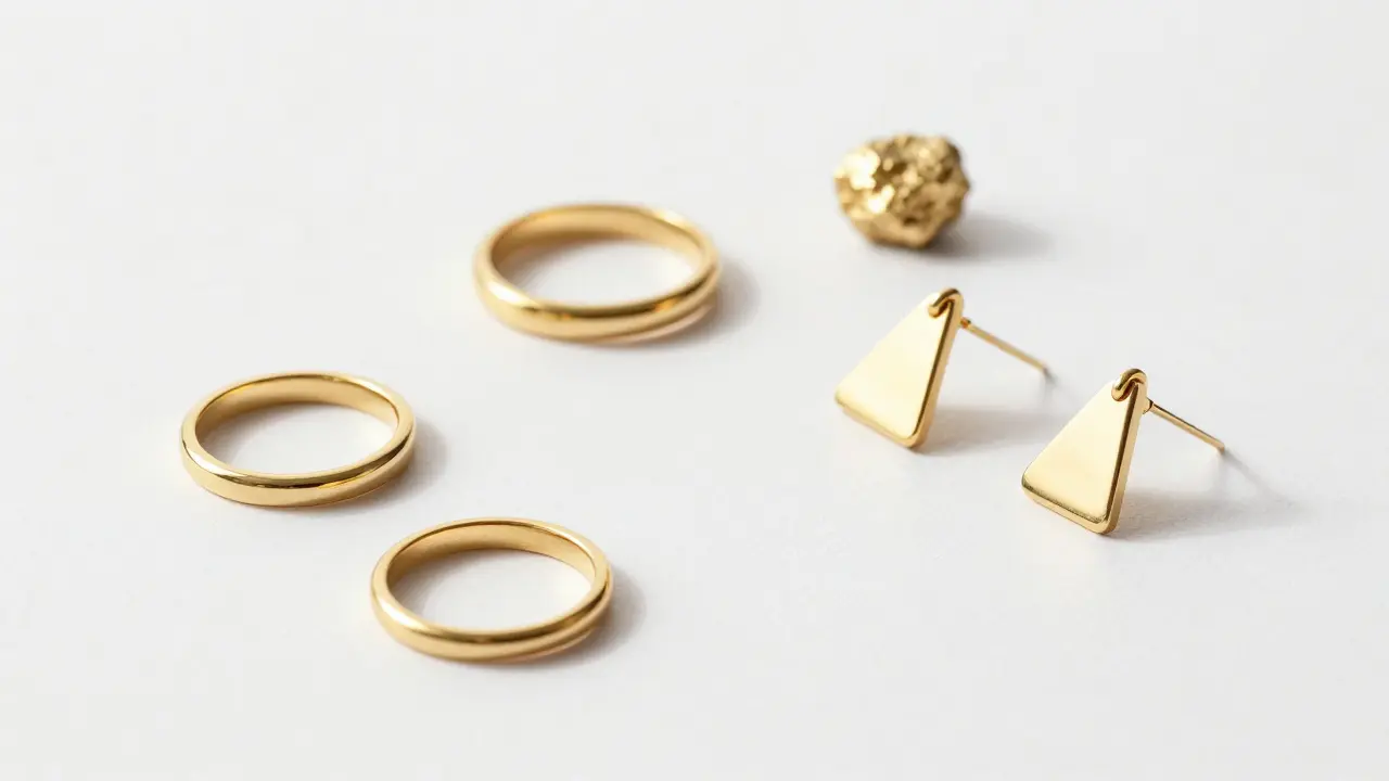 Bijoux contemporains minimalistes en or recyclé sur fond blanc