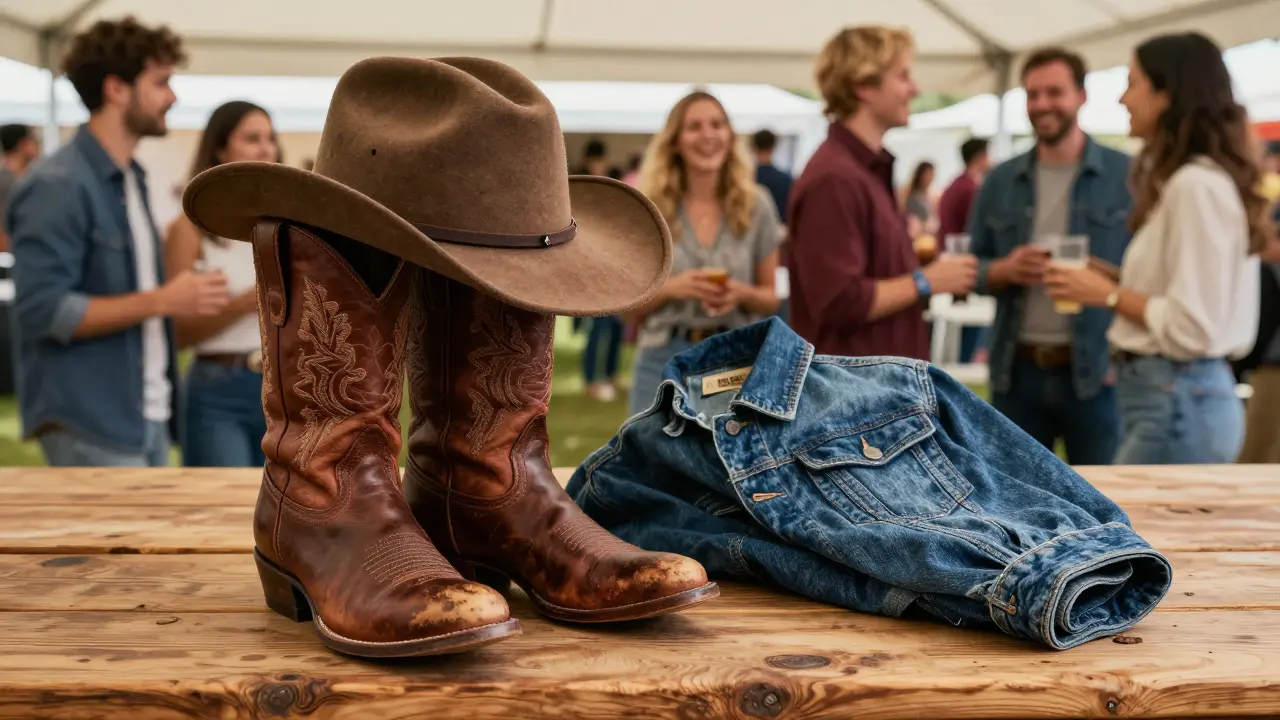 Bottes et chapeau de cowboy sur une table rustique avec des festivaliers en arrière-plan.