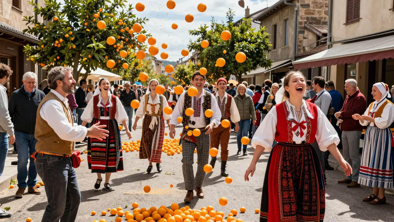 Célébration joyeuse avec des oranges lancées dans les rues lors d'une fête traditionnelle à Dax.