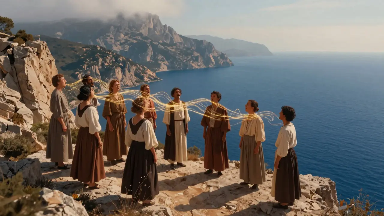 Chanteurs polyphoniques corses sur une falaise avec des ondes harmoniques