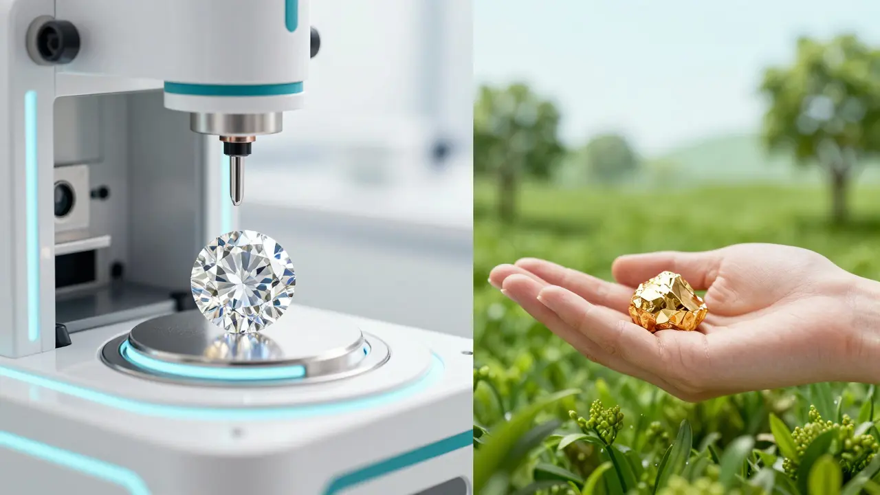 Comparaison conceptuelle entre un diamant de laboratoire et une mine responsable.