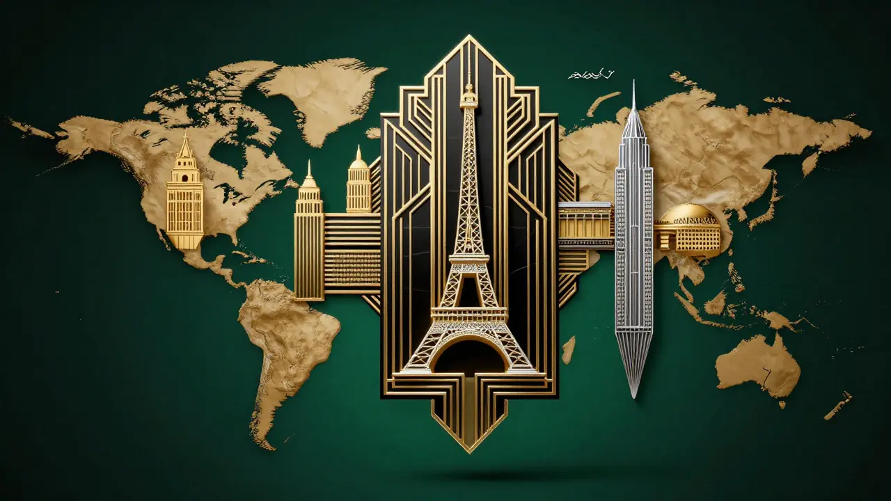 Composition artistique Art Déco mêlant des éléments dorés et des symboles de grandes villes mondiales.