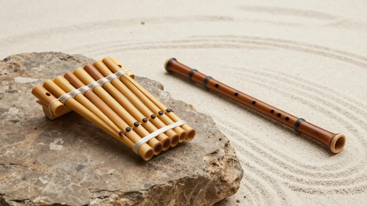 Composition artistique présentant une flûte de Pan en roseau et un Shakuhachi en bambou.