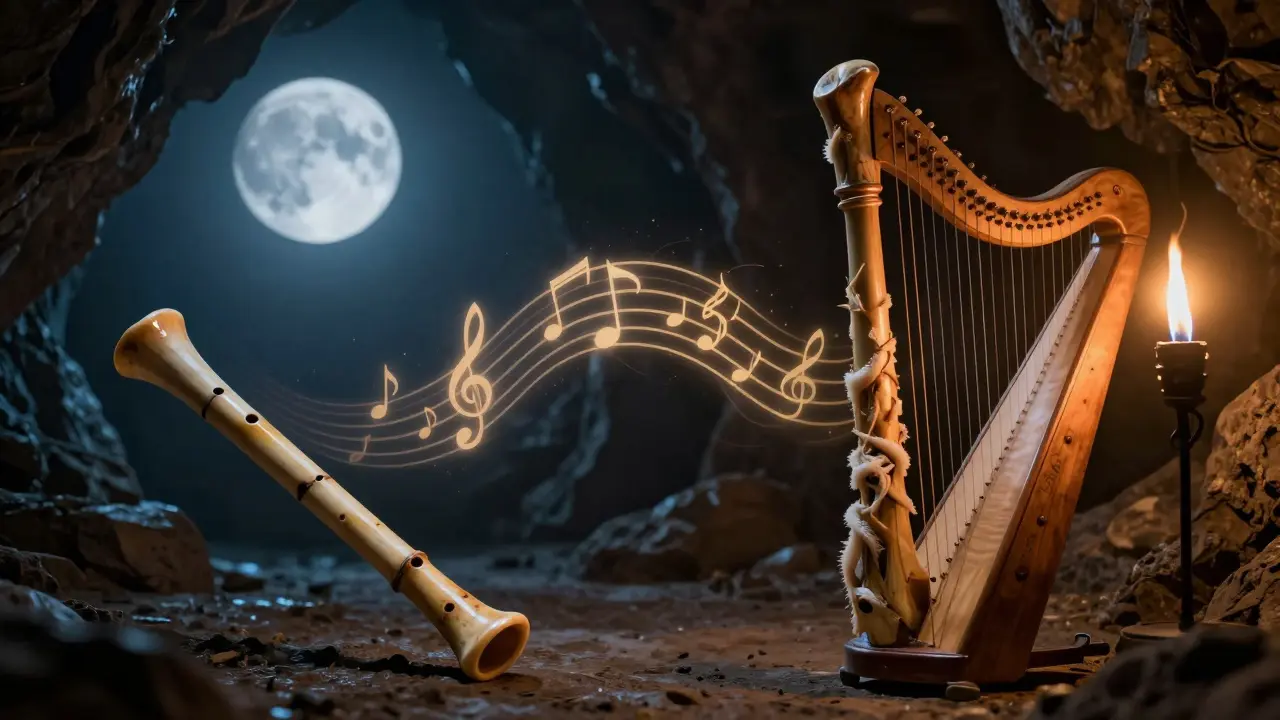 Composition artistique reliant une flûte en os préhistorique et une lyre antique.