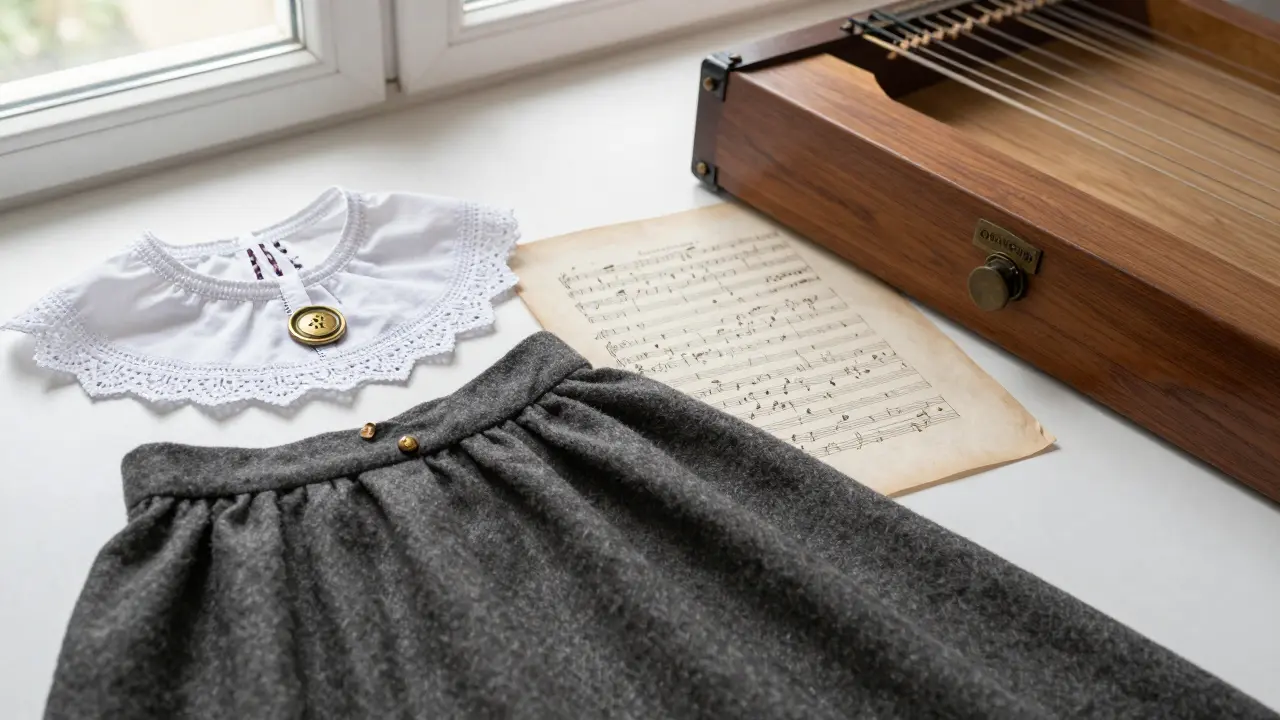 Composition d'éléments de costumes anciens, d'une vielle à roue et de partitions musicales.