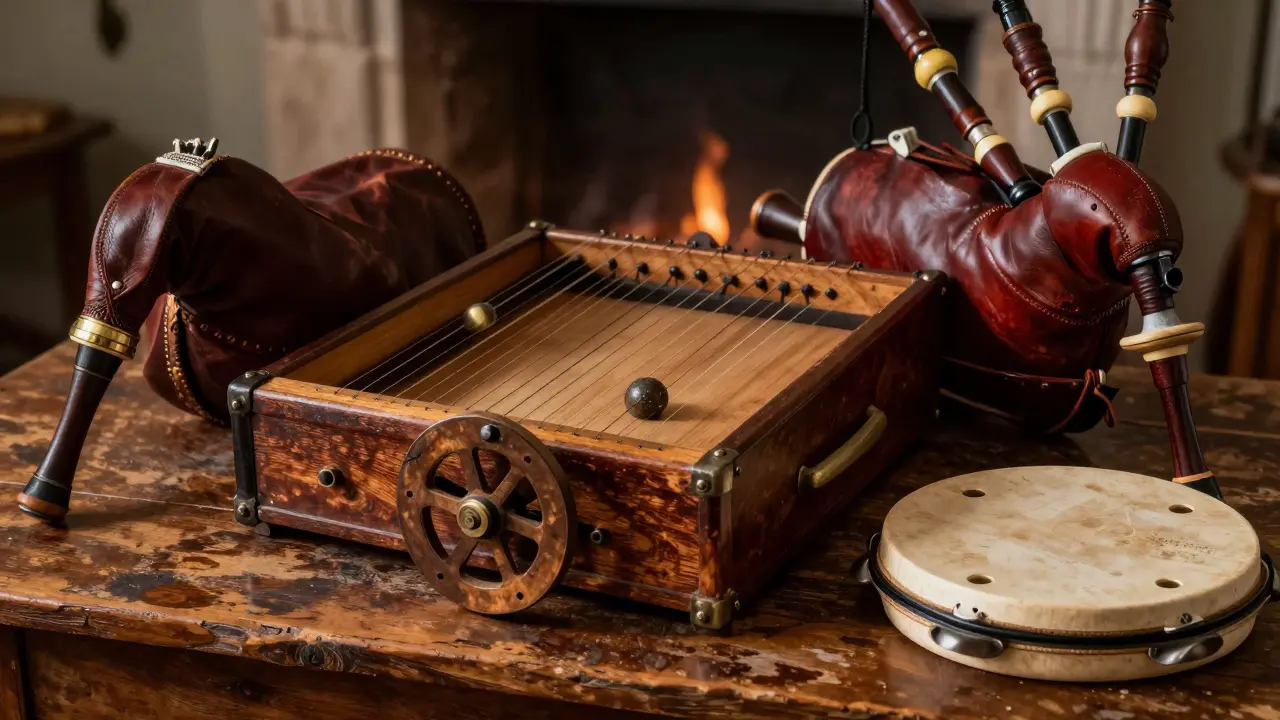 Composition d'instruments traditionnels comprenant une vielle à roue et une cornemuse sur du bois.