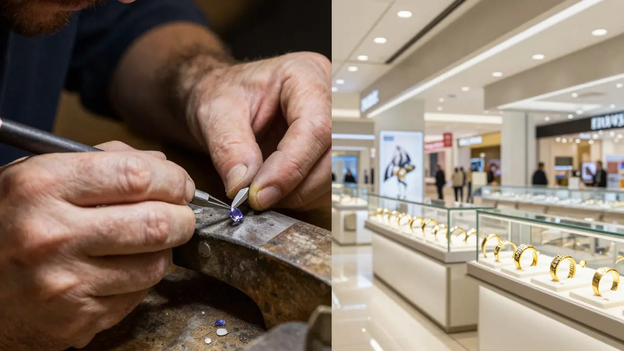 Contraste entre le travail artisanal d'un joaillier et une bijouterie commerciale moderne.