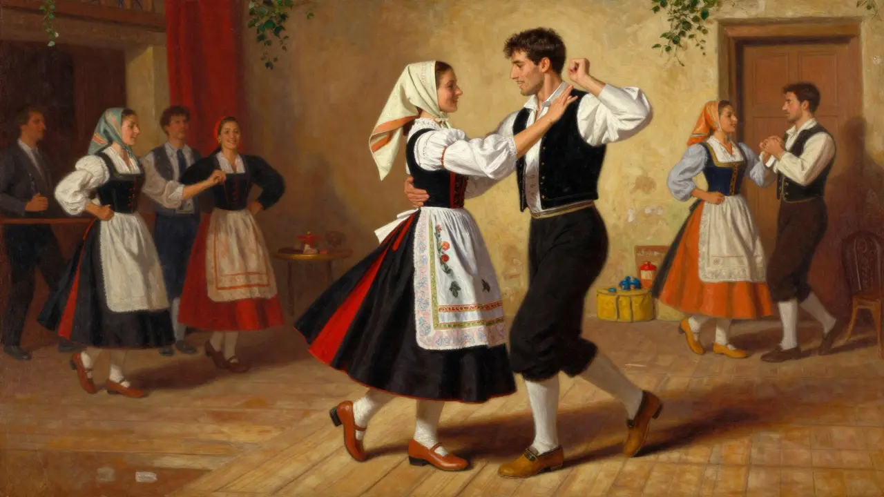 Couple dansant la bourrée en costume traditionnel avec des sabots en bois.