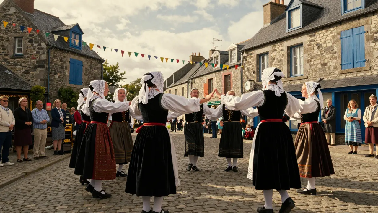Danseurs en costumes traditionnels bretons sur une place de village en France.